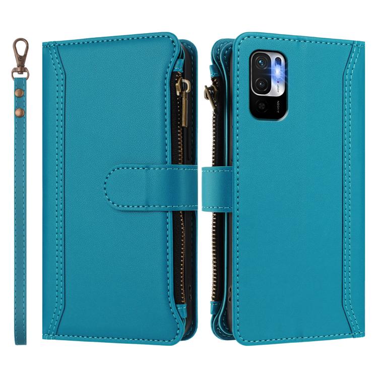 For Redmi Note 10 5G / Note 10T 5G Magnetic Closure 9 Card Slots Zipper Leather Case with Hand Strap