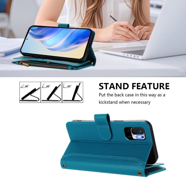 For Redmi Note 10 5G / Note 10T 5G Magnetic Closure 9 Card Slots Zipper Leather Case with Hand Strap