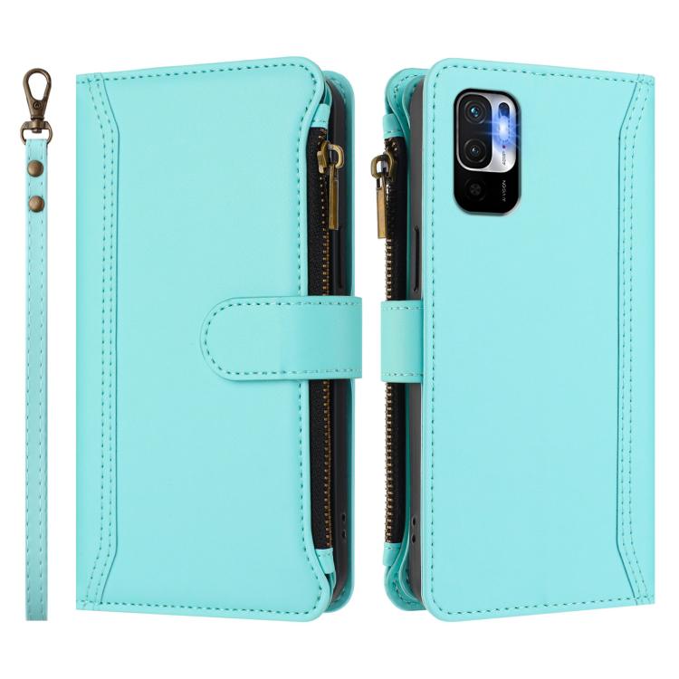 For Redmi Note 10 5G / Note 10T 5G Magnetic Closure 9 Card Slots Zipper Leather Case with Hand Strap
