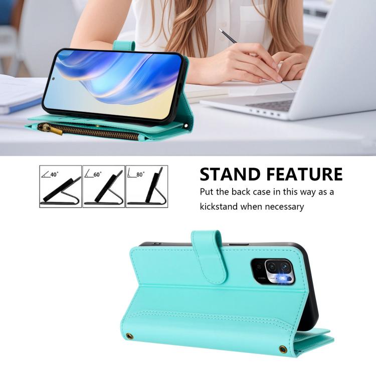 For Redmi Note 10 5G / Note 10T 5G Magnetic Closure 9 Card Slots Zipper Leather Case with Hand Strap