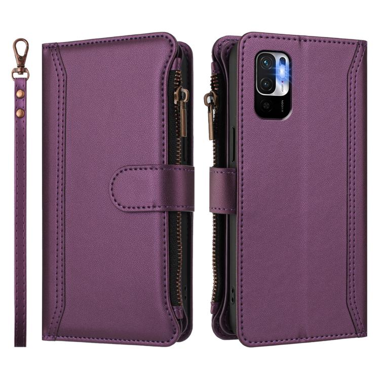 For Redmi Note 10 5G / Note 10T 5G Magnetic Closure 9 Card Slots Zipper Leather Case with Hand Strap