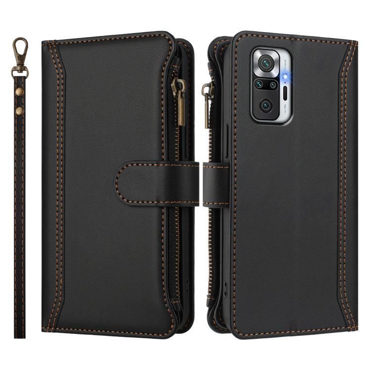 For Redmi Note 10 Pro / Note 10 Pro Max Magnetic Closure 9 Card Slots Zipper Leather Case with Hand Strap