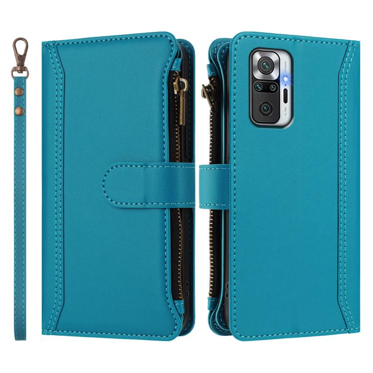 For Redmi Note 10 Pro / Note 10 Pro Max Magnetic Closure 9 Card Slots Zipper Leather Case with Hand Strap