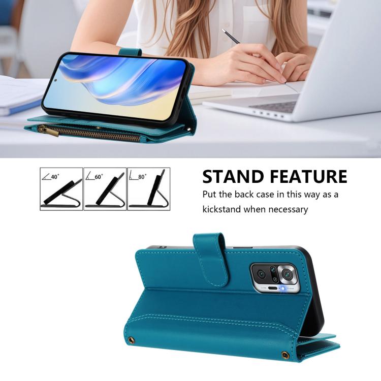 For Redmi Note 10 Pro / Note 10 Pro Max Magnetic Closure 9 Card Slots Zipper Leather Case with Hand Strap