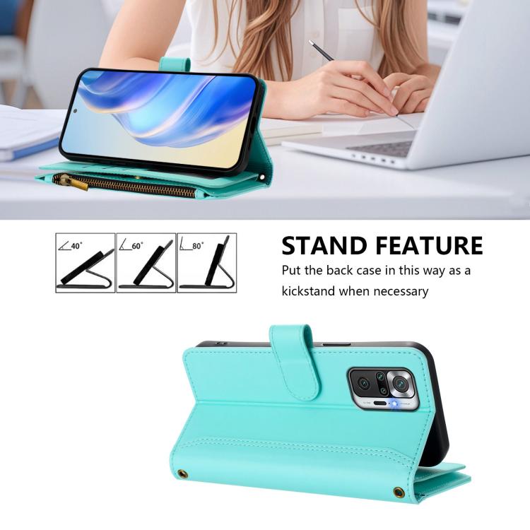 For Redmi Note 10 Pro / Note 10 Pro Max Magnetic Closure 9 Card Slots Zipper Leather Case with Hand Strap