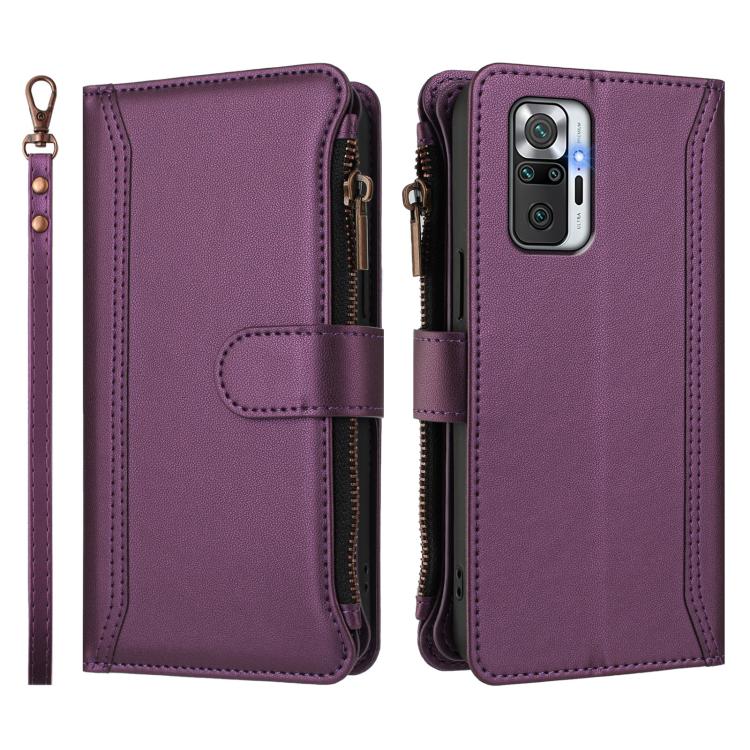 For Redmi Note 10 Pro / Note 10 Pro Max Magnetic Closure 9 Card Slots Zipper Leather Case with Hand Strap