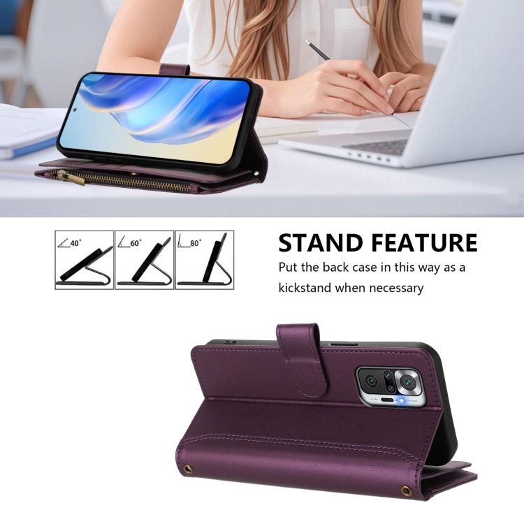 For Redmi Note 10 Pro / Note 10 Pro Max Magnetic Closure 9 Card Slots Zipper Leather Case with Hand Strap