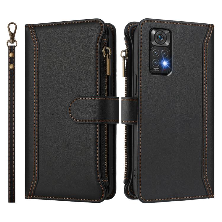 For Redmi Note 11 / 11S 4G / 12S 4G Magnetic Closure 9 Card Slots Zipper Leather Case with Hand Strap