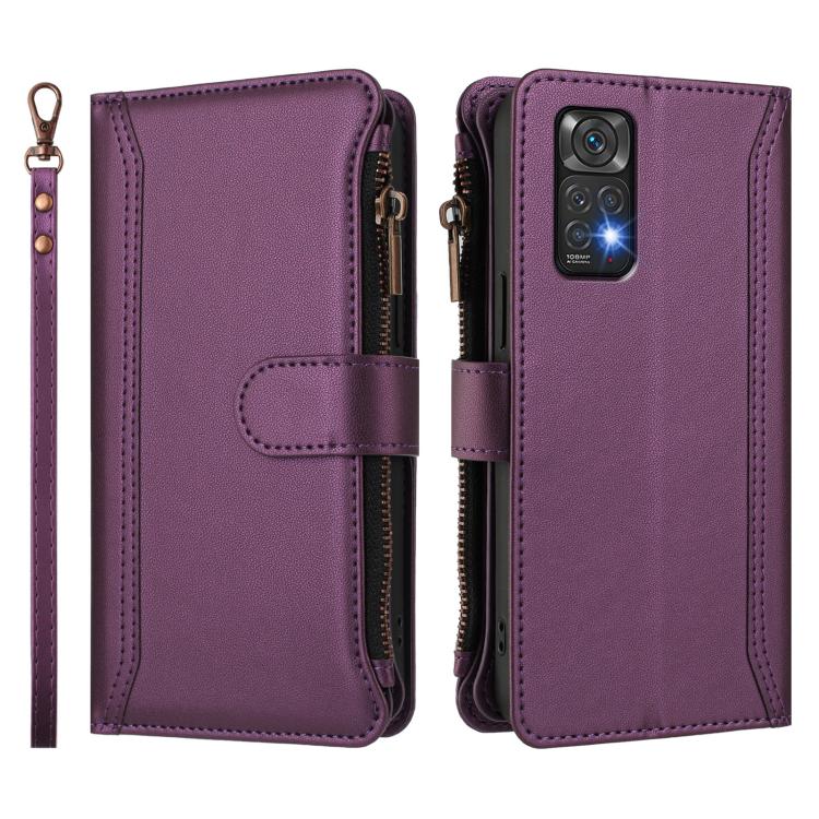 For Redmi Note 11 / 11S 4G / 12S 4G Magnetic Closure 9 Card Slots Zipper Leather Case with Hand Strap