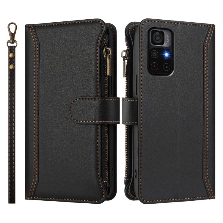 For Redmi Note 11S 5G / Poco M4 Pro 5G Magnetic Closure 9 Card Slots Zipper Leather Case with Hand Strap