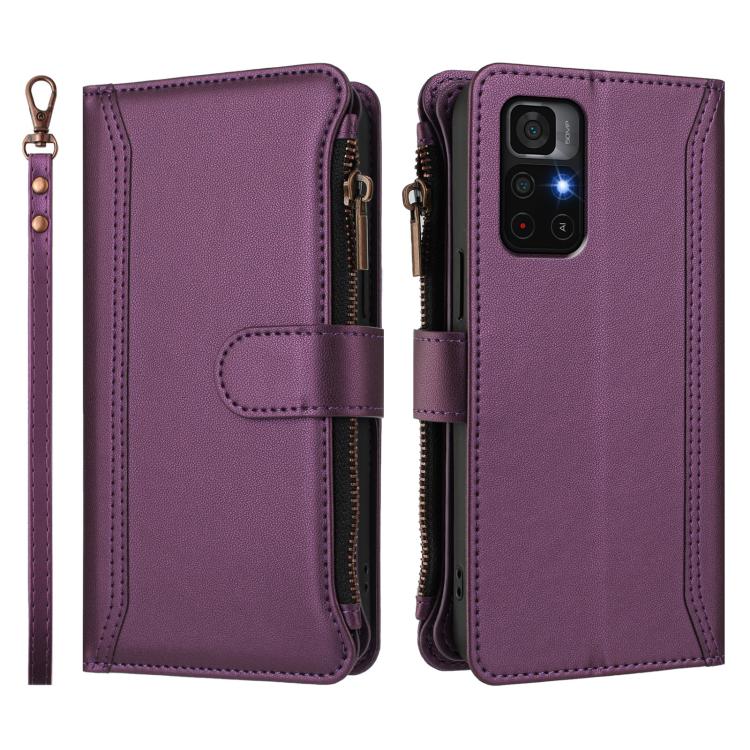 For Redmi Note 11S 5G / Poco M4 Pro 5G Magnetic Closure 9 Card Slots Zipper Leather Case with Hand Strap