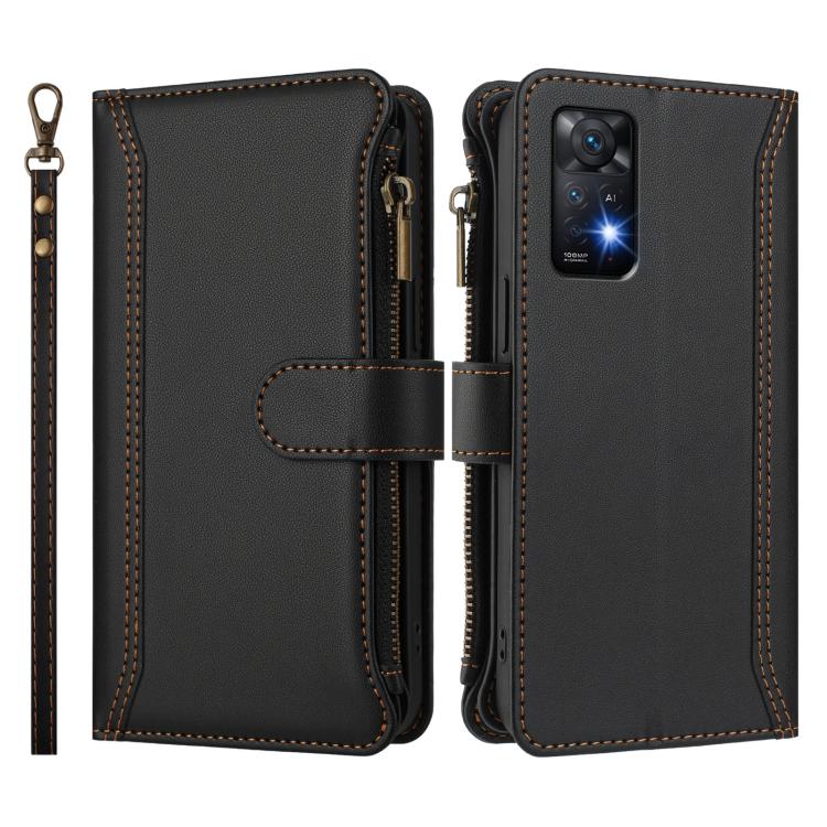 For Redmi Note 11 Pro 4G / 5G Magnetic Closure 9 Card Slots Zipper Leather Case with Hand Strap