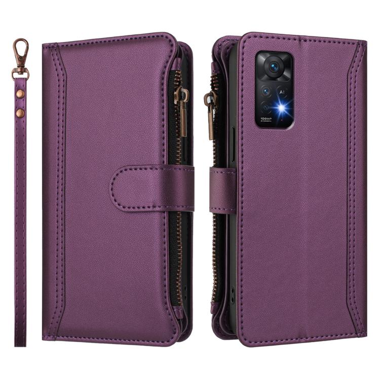 For Redmi Note 11 Pro 4G / 5G Magnetic Closure 9 Card Slots Zipper Leather Case with Hand Strap