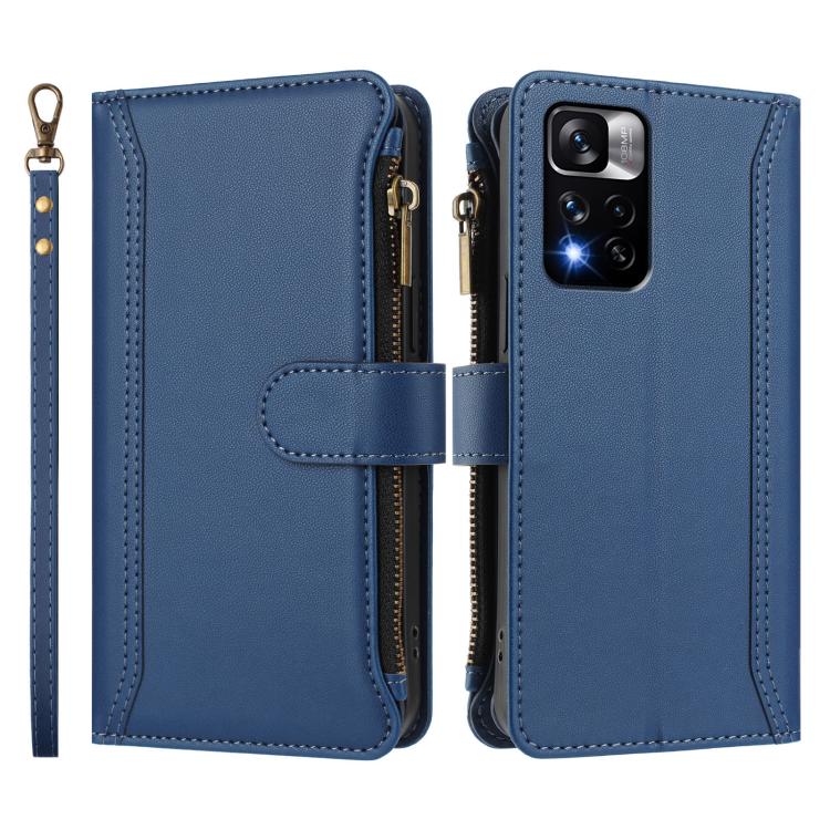 For Redmi Note 11 Pro+ 5G EU / Poco X4 NFC Magnetic Closure 9 Card Slots Zipper Leather Case with Hand Strap