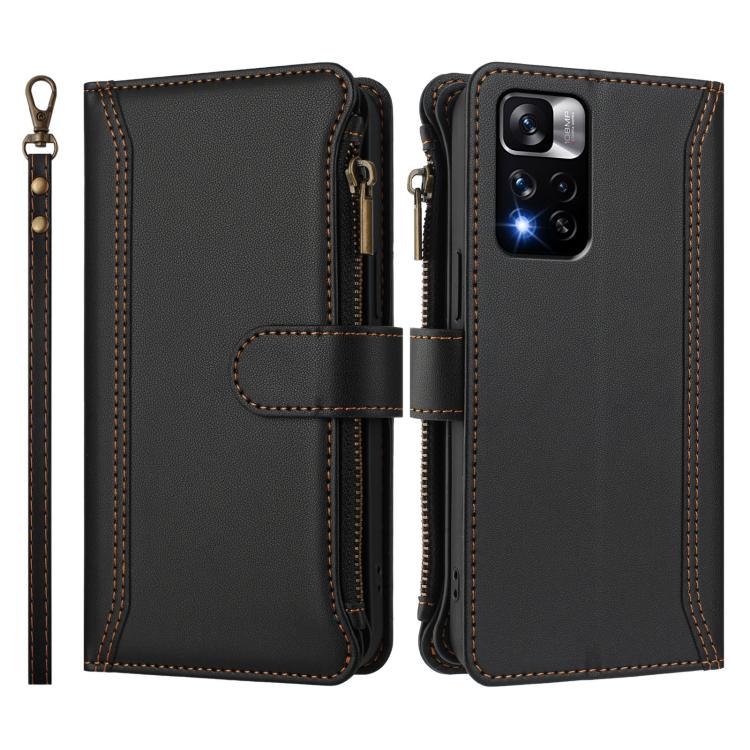 For Redmi Note 11 Pro+ 5G EU / Poco X4 NFC Magnetic Closure 9 Card Slots Zipper Leather Case with Hand Strap