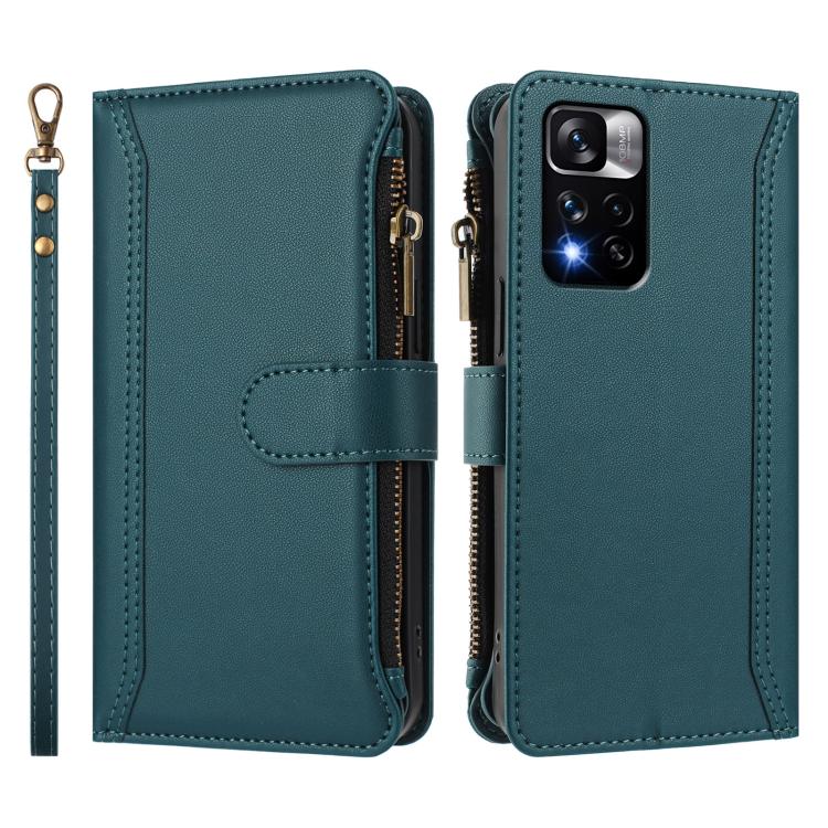 For Redmi Note 11 Pro+ 5G EU / Poco X4 NFC Magnetic Closure 9 Card Slots Zipper Leather Case with Hand Strap