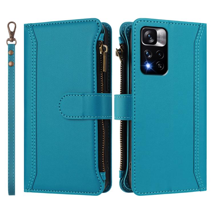 For Redmi Note 11 Pro+ 5G EU / Poco X4 NFC Magnetic Closure 9 Card Slots Zipper Leather Case with Hand Strap