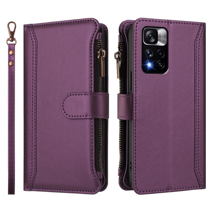 For Redmi Note 11 Pro+ 5G EU / Poco X4 NFC Magnetic Closure 9 Card Slots Zipper Leather Case with Hand Strap
