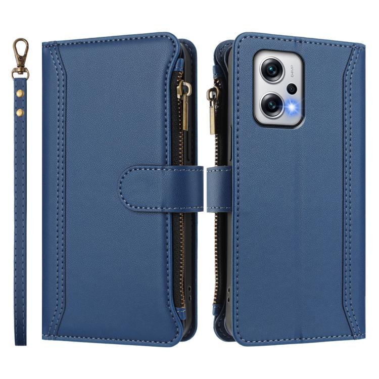 For Redmi Note 11T Pro+ / Poco X4 GT Magnetic Closure 9 Card Slots Zipper Leather Case with Hand Strap