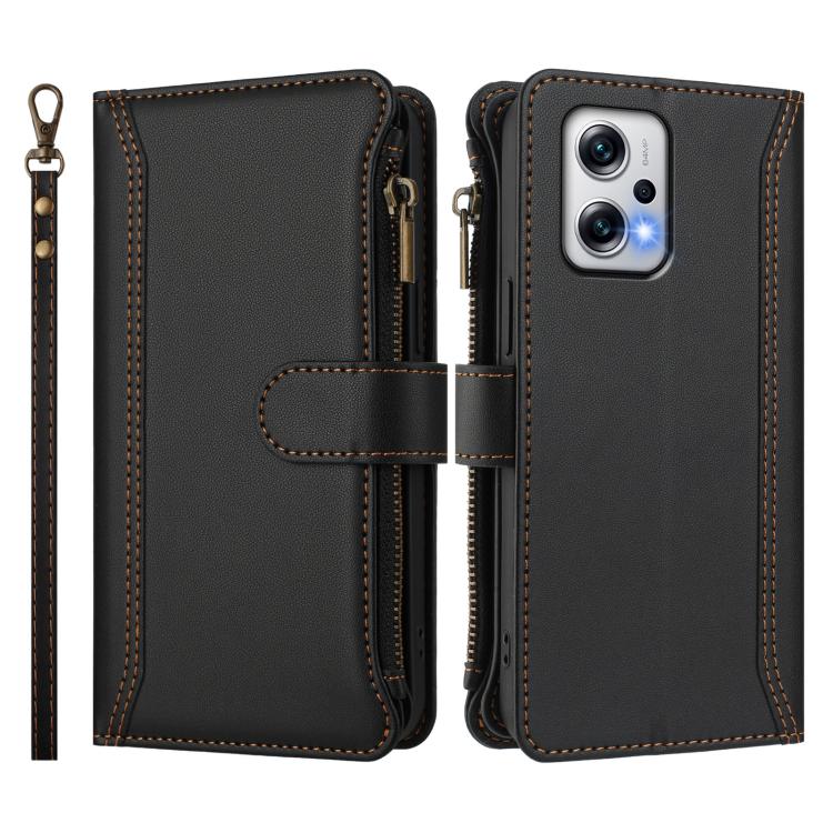 For Redmi Note 11T Pro+ / Poco X4 GT Magnetic Closure 9 Card Slots Zipper Leather Case with Hand Strap