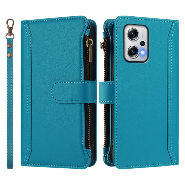 For Redmi Note 11T Pro+ / Poco X4 GT Magnetic Closure 9 Card Slots Zipper Leather Case with Hand Strap