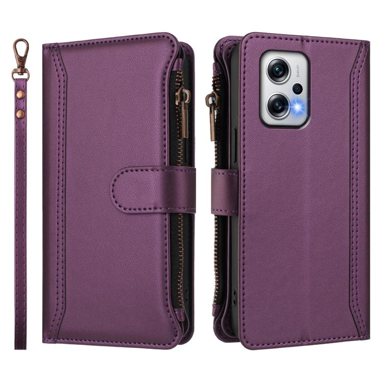 For Redmi Note 11T Pro+ / Poco X4 GT Magnetic Closure 9 Card Slots Zipper Leather Case with Hand Strap