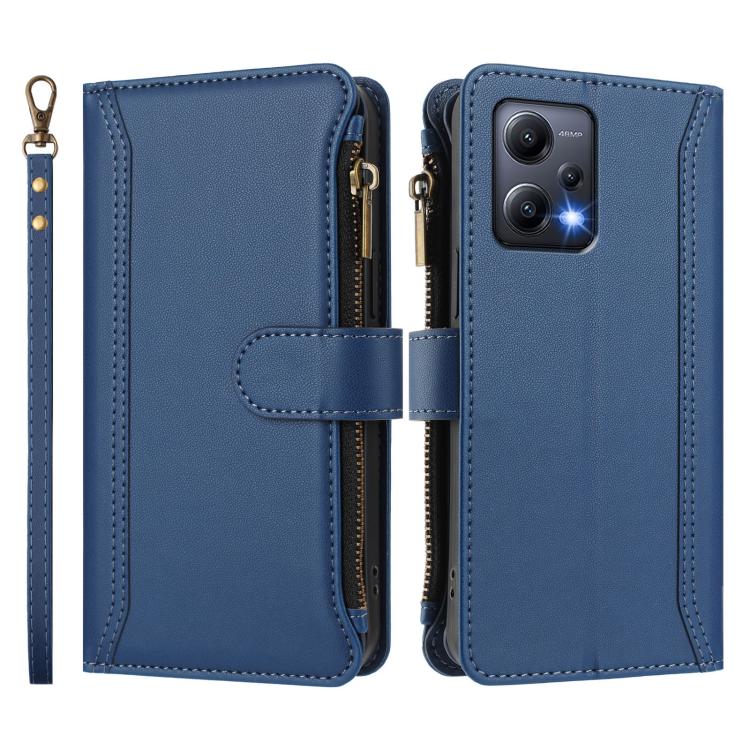 For Redmi Note 12 5G Global / Poco X5 Magnetic Closure 9 Card Slots Zipper Leather Case with Hand Strap