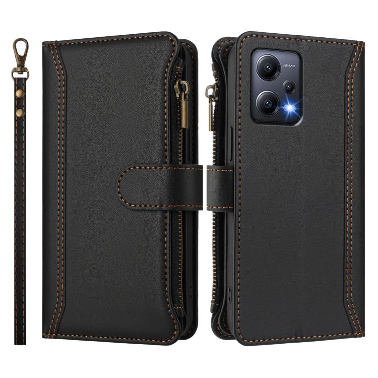 For Redmi Note 12 5G Global / Poco X5 Magnetic Closure 9 Card Slots Zipper Leather Case with Hand Strap