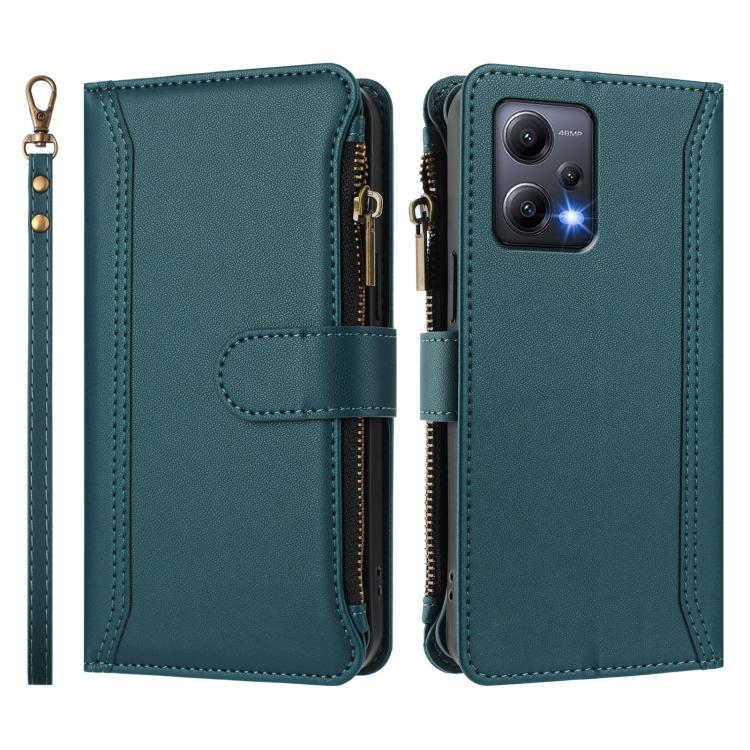 For Redmi Note 12 5G Global / Poco X5 Magnetic Closure 9 Card Slots Zipper Leather Case with Hand Strap