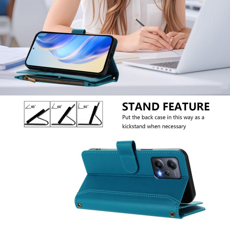 For Redmi Note 12 5G Global / Poco X5 Magnetic Closure 9 Card Slots Zipper Leather Case with Hand Strap