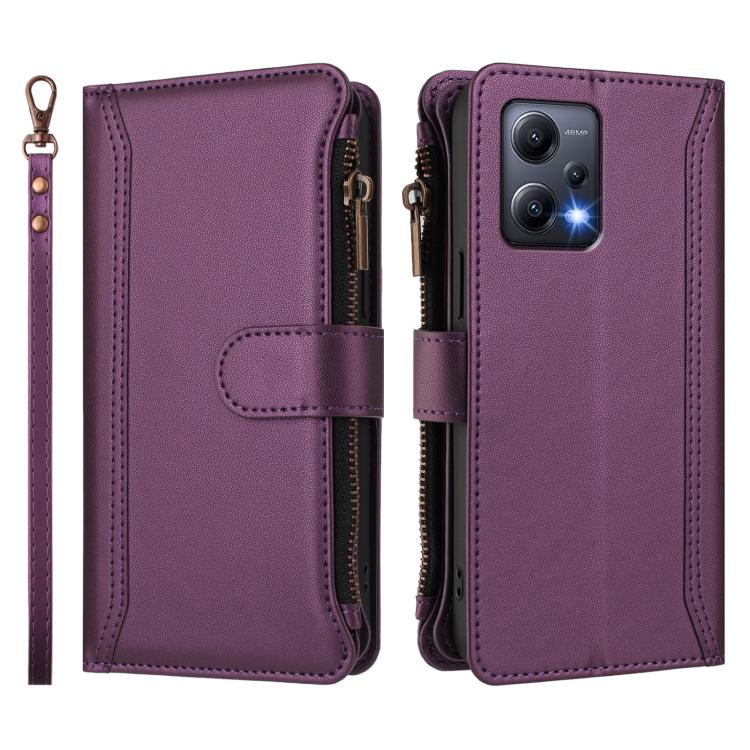 For Redmi Note 12 5G Global / Poco X5 Magnetic Closure 9 Card Slots Zipper Leather Case with Hand Strap
