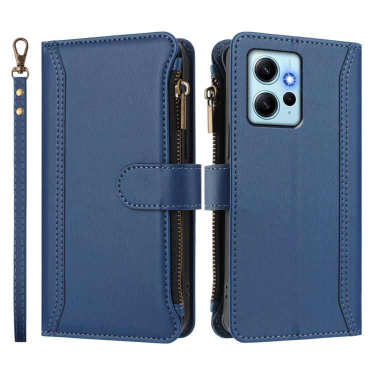 For Redmi Note 12 4G Global Magnetic Closure 9 Card Slots Zipper Leather Case with Hand Strap