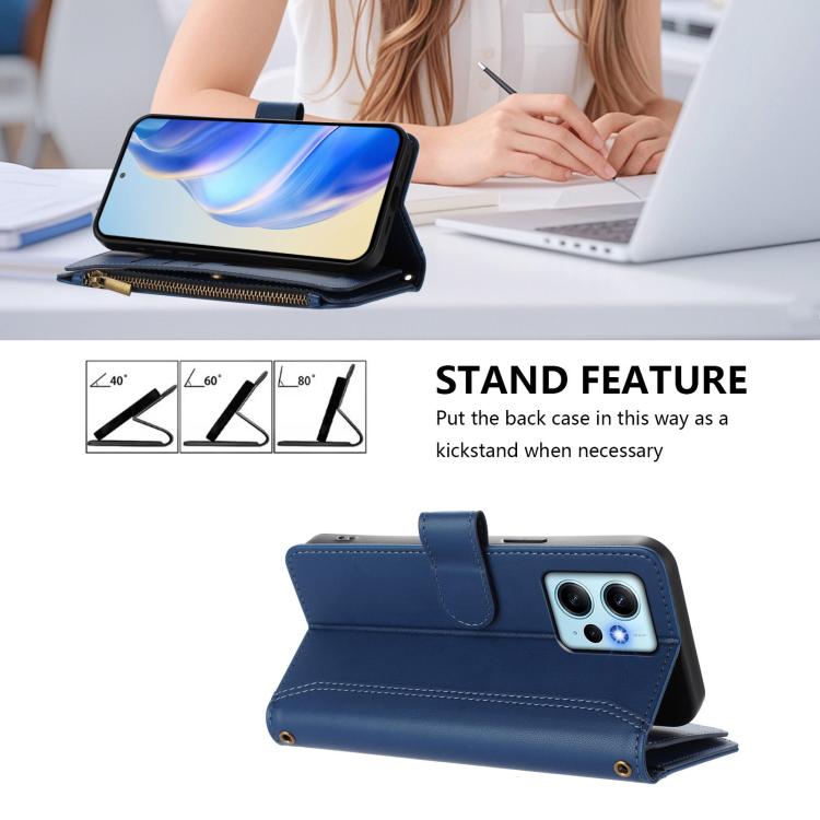 For Redmi Note 12 4G Global Magnetic Closure 9 Card Slots Zipper Leather Case with Hand Strap