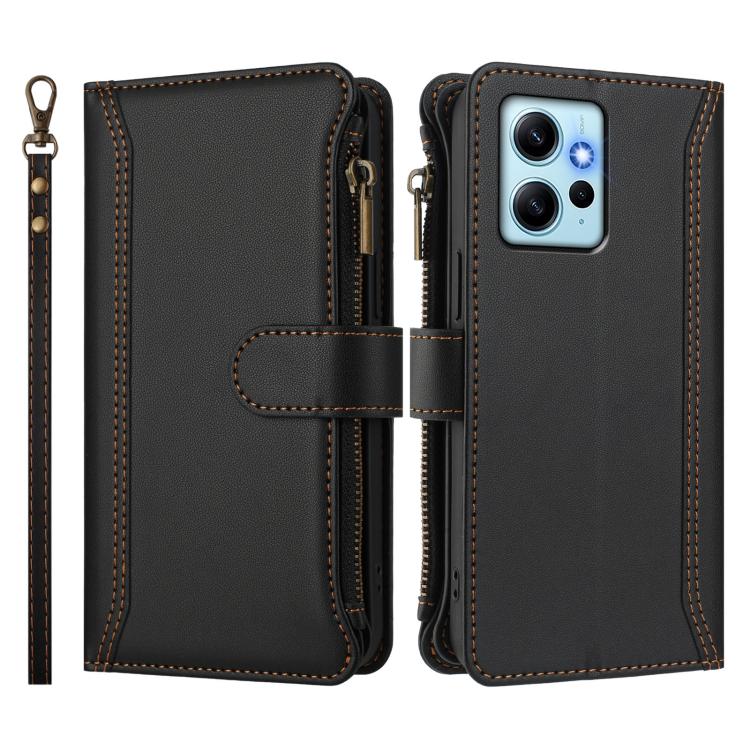 For Redmi Note 12 4G Global Magnetic Closure 9 Card Slots Zipper Leather Case with Hand Strap