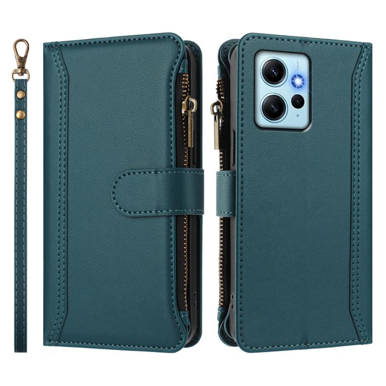 For Redmi Note 12 4G Global Magnetic Closure 9 Card Slots Zipper Leather Case with Hand Strap