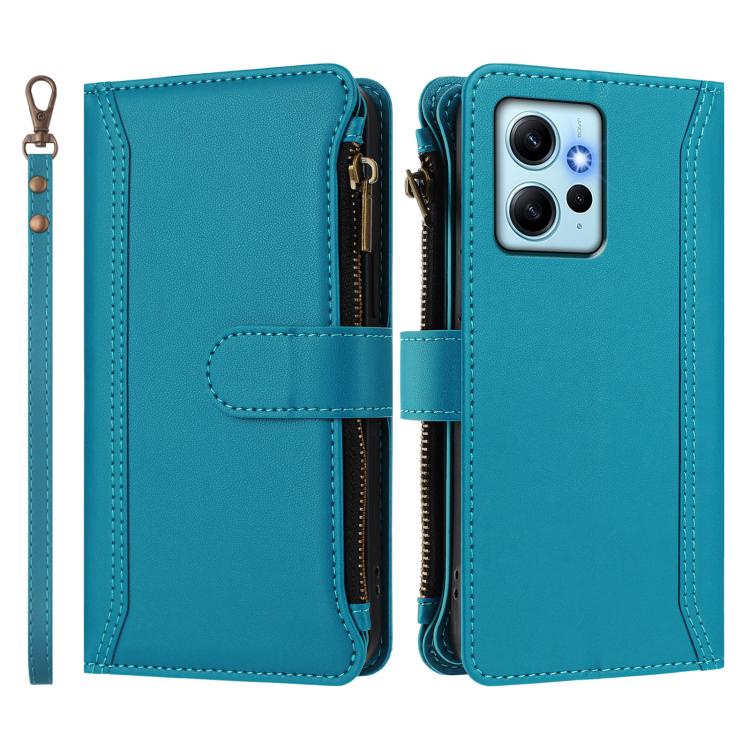 For Redmi Note 12 4G Global Magnetic Closure 9 Card Slots Zipper Leather Case with Hand Strap