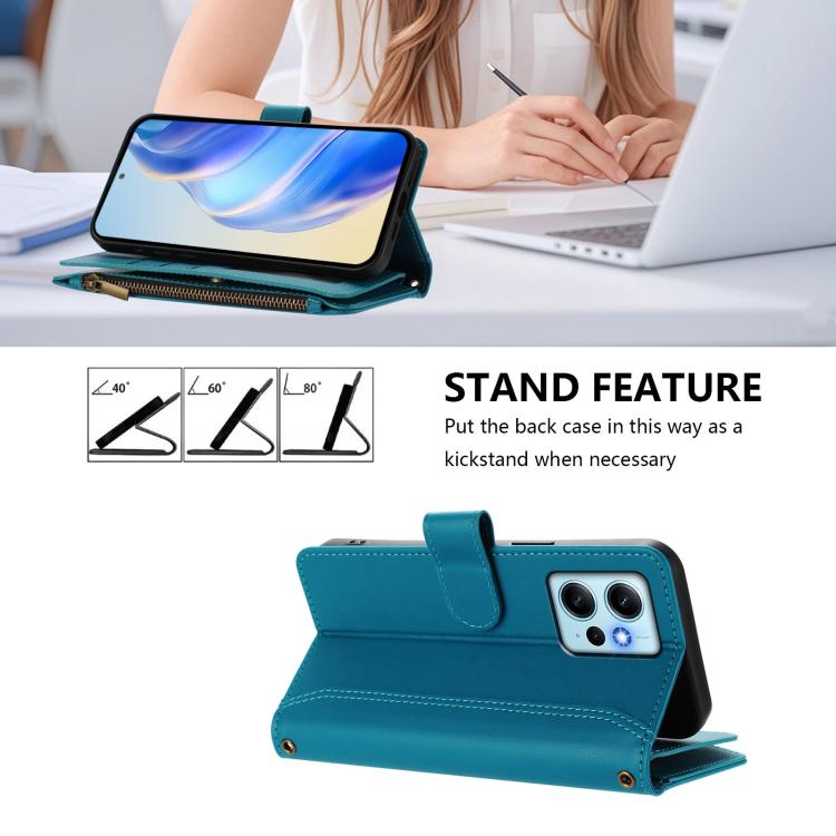For Redmi Note 12 4G Global Magnetic Closure 9 Card Slots Zipper Leather Case with Hand Strap