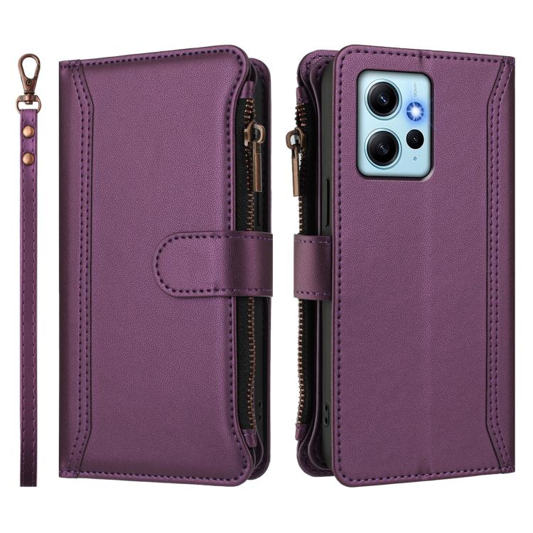 For Redmi Note 12 4G Global Magnetic Closure 9 Card Slots Zipper Leather Case with Hand Strap