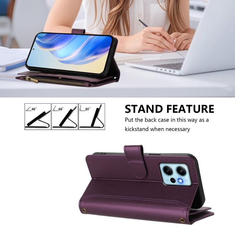 For Redmi Note 12 4G Global Magnetic Closure 9 Card Slots Zipper Leather Case with Hand Strap