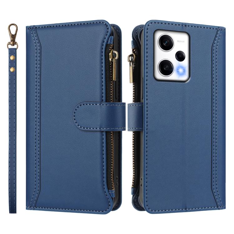 For Redmi Note 12 Pro 5G Global / Poco X5 Pro Magnetic Closure 9 Card Slots Zipper Leather Case with Hand Strap