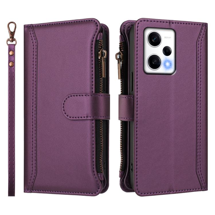 For Redmi Note 12 Pro 5G Global / Poco X5 Pro Magnetic Closure 9 Card Slots Zipper Leather Case with Hand Strap