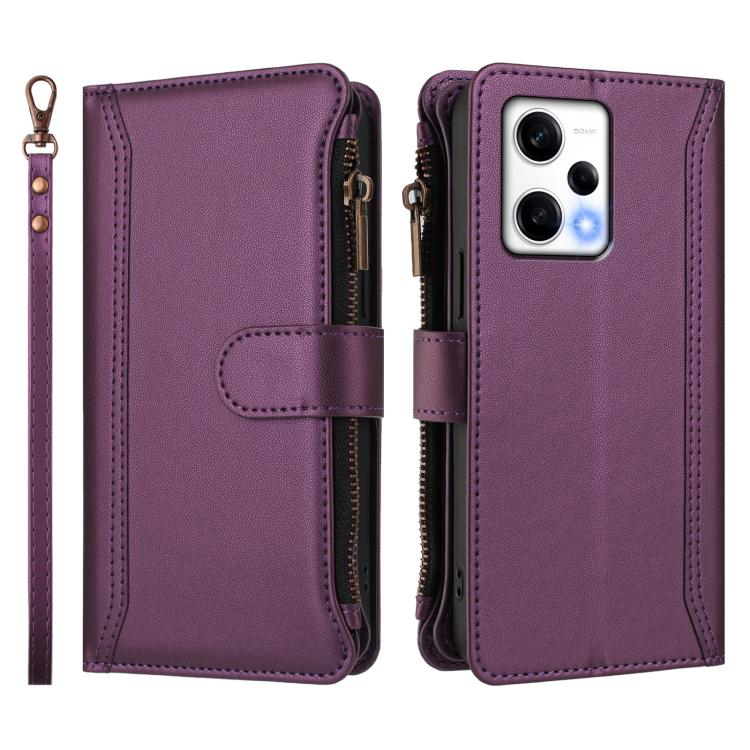 For Redmi Note 12 Pro+ / Note 12 Explorer Magnetic Closure 9 Card Slots Zipper Leather Case with Hand Strap