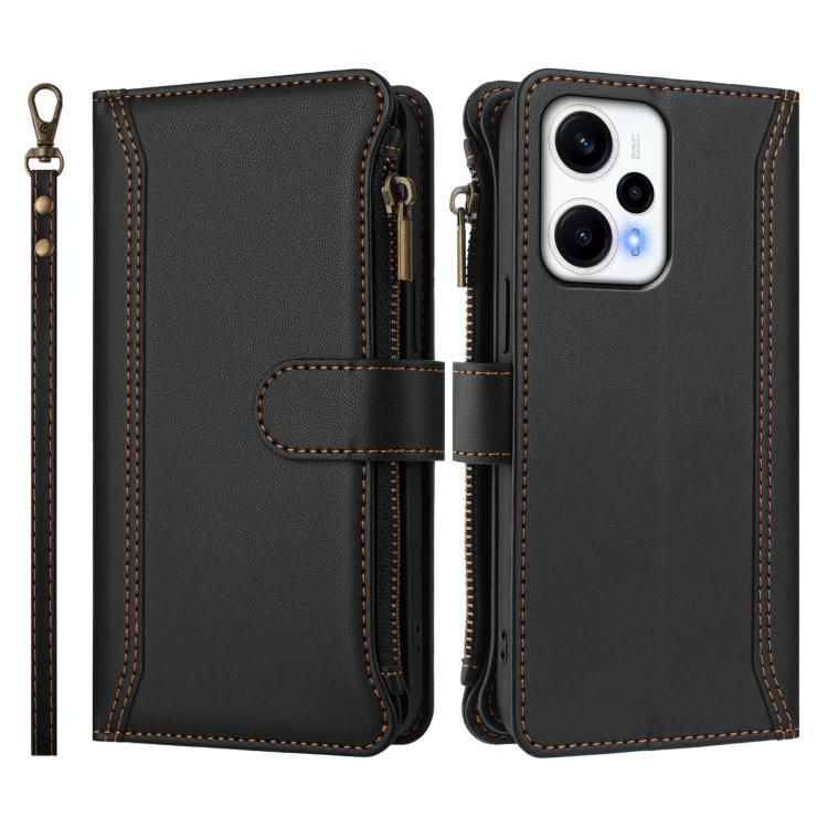 For Redmi Note 12 Turbo / Poco F5 Magnetic Closure 9 Card Slots Zipper Leather Case with Hand Strap