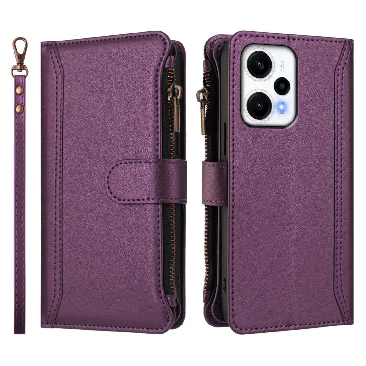 For Redmi Note 12 Turbo / Poco F5 Magnetic Closure 9 Card Slots Zipper Leather Case with Hand Strap