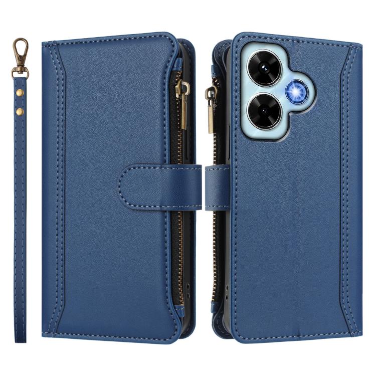 For Redmi Note 13 4G Magnetic Closure 9 Card Slots Zipper Leather Case with Hand Strap