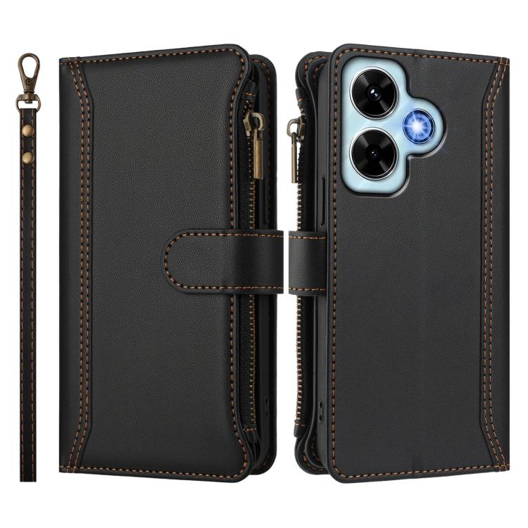 For Redmi Note 13 4G Magnetic Closure 9 Card Slots Zipper Leather Case with Hand Strap