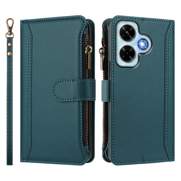 For Redmi Note 13 4G Magnetic Closure 9 Card Slots Zipper Leather Case with Hand Strap
