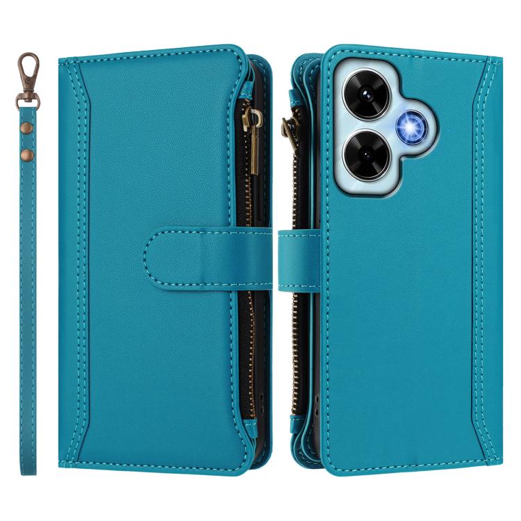 For Redmi Note 13 4G Magnetic Closure 9 Card Slots Zipper Leather Case with Hand Strap