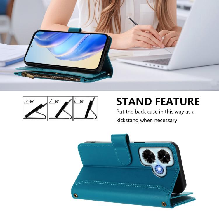 For Redmi Note 13 4G Magnetic Closure 9 Card Slots Zipper Leather Case with Hand Strap