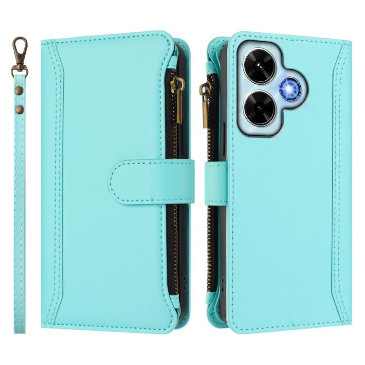 For Redmi Note 13 4G Magnetic Closure 9 Card Slots Zipper Leather Case with Hand Strap